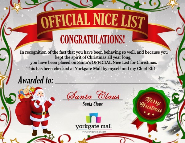 Management Office: Yorkgate Mall - Santa Official Nice List Certificate